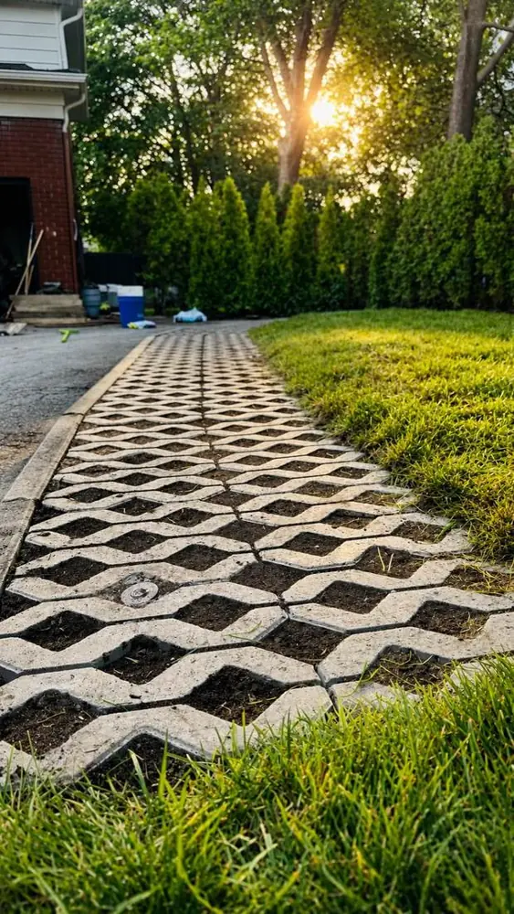 Sentier en pavé alvéolé, la pelouse pousse à travers